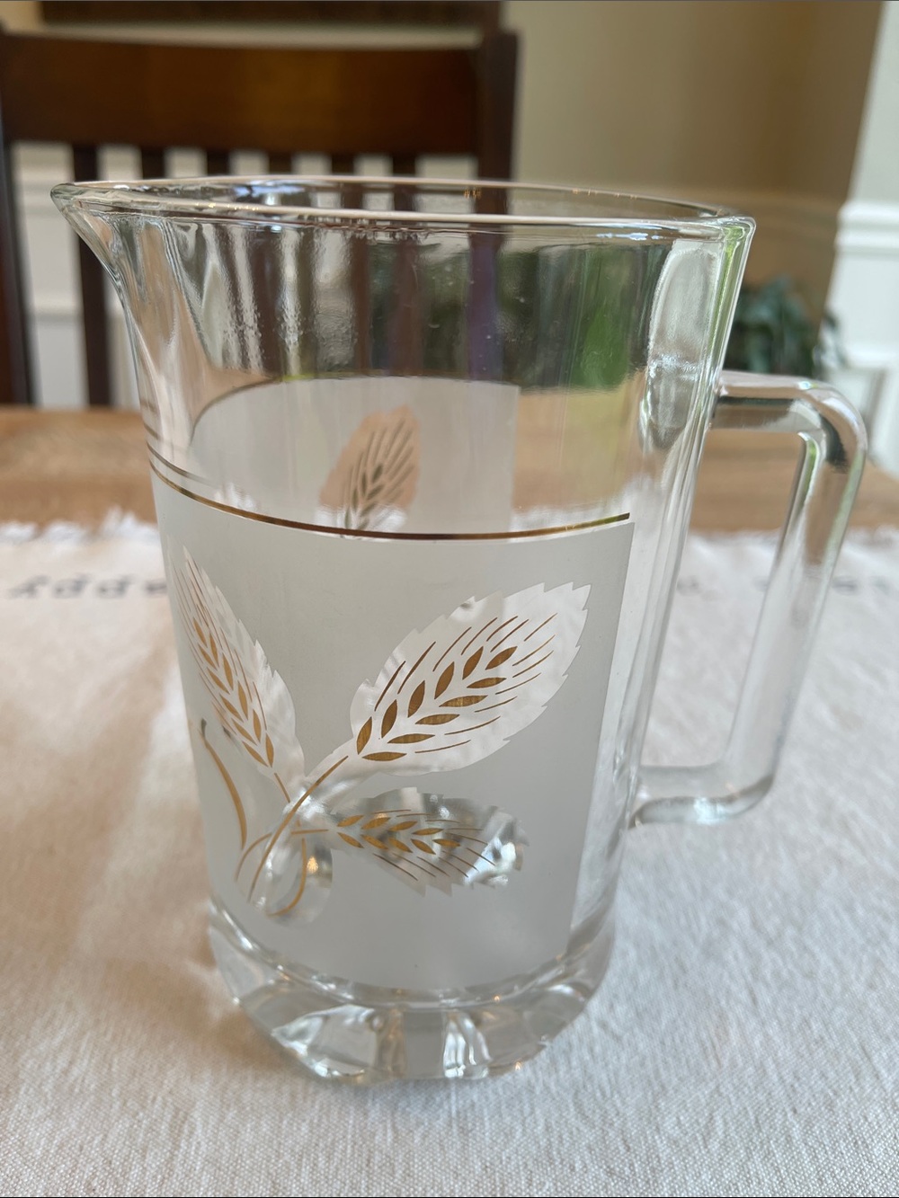MidCentury/Italy- Vintage Clear Glass Pitcher with Gold Wheat Accent